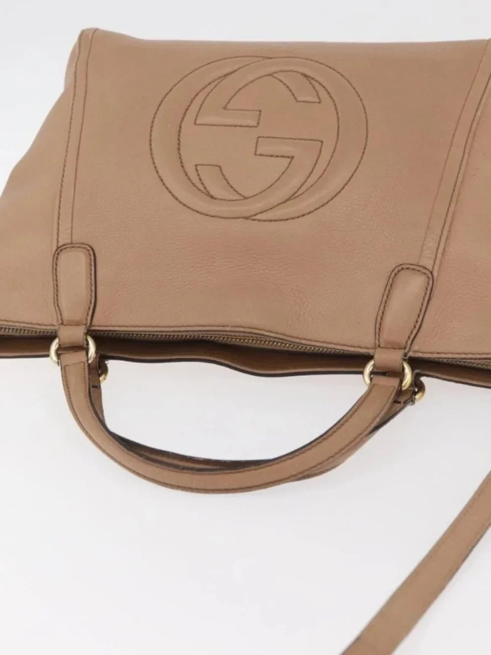 GUCCI Soho Interlocking Hand Bag Leather 2way Gold Beige 369176 Auth ka3592